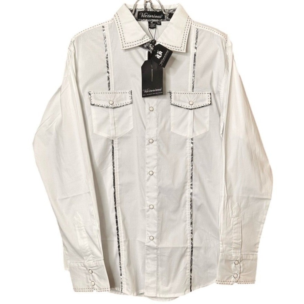 Victorious Mens White Western Snap Button Shirt Paisley Trim SH254-3 Size M NEW